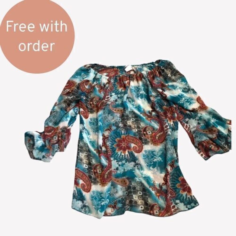 FREE Women's Blouse Top Boat Neck 3/4 Sleeve Paisley Floral Multicolor‎ Medium